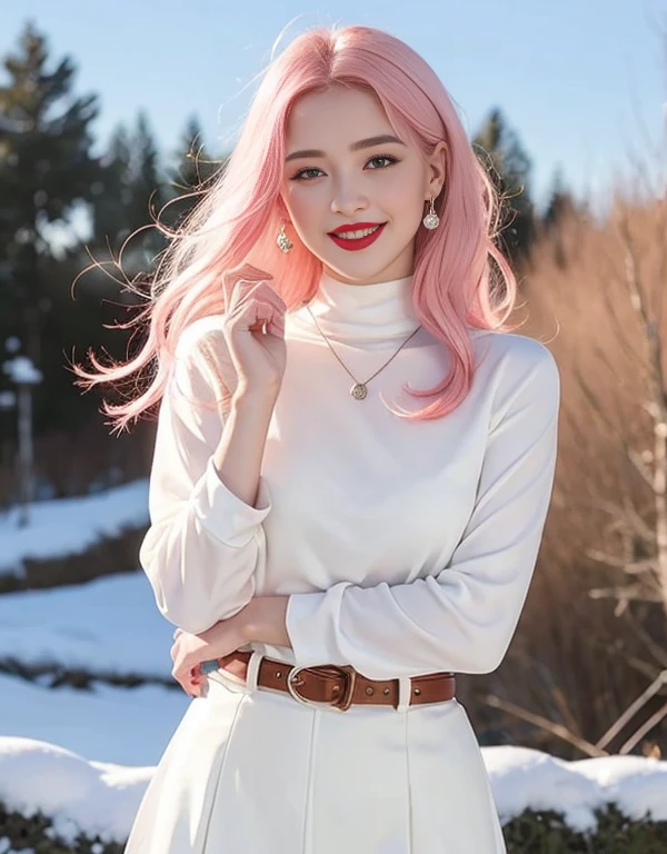 1 girl, model, extremely beautiful, perfect body. Photo taken with Canon EOS R5 85mm f/11 Camera, ((sharp)) mode of people and surrounding scenery. Image quality ((8K)), ((lifelike)), ((masterpiece)), ((sharp and highest contrast)), ((great depth of field)), ((light stereolithography)).
((Pink hair)), ((high-end cosmetic makeup)), ((bright, radiant smile)), ((brilliant glossy red lipstick)), ((Ivory, white skin bright)), detailed pores, ((glossy skin)), ((Light shining directly on the face)), bright sunlight.
Earrings, necklace, belt, ((thin shirt)), ((shiny leather skirt)), high heels, bracelets.
Girl standing model pose, ((white snow)), cold wind, frost, cold, numb, ((frozen)), snowflakes, loneliness, fantasy, dream, waiting, ((hope)).