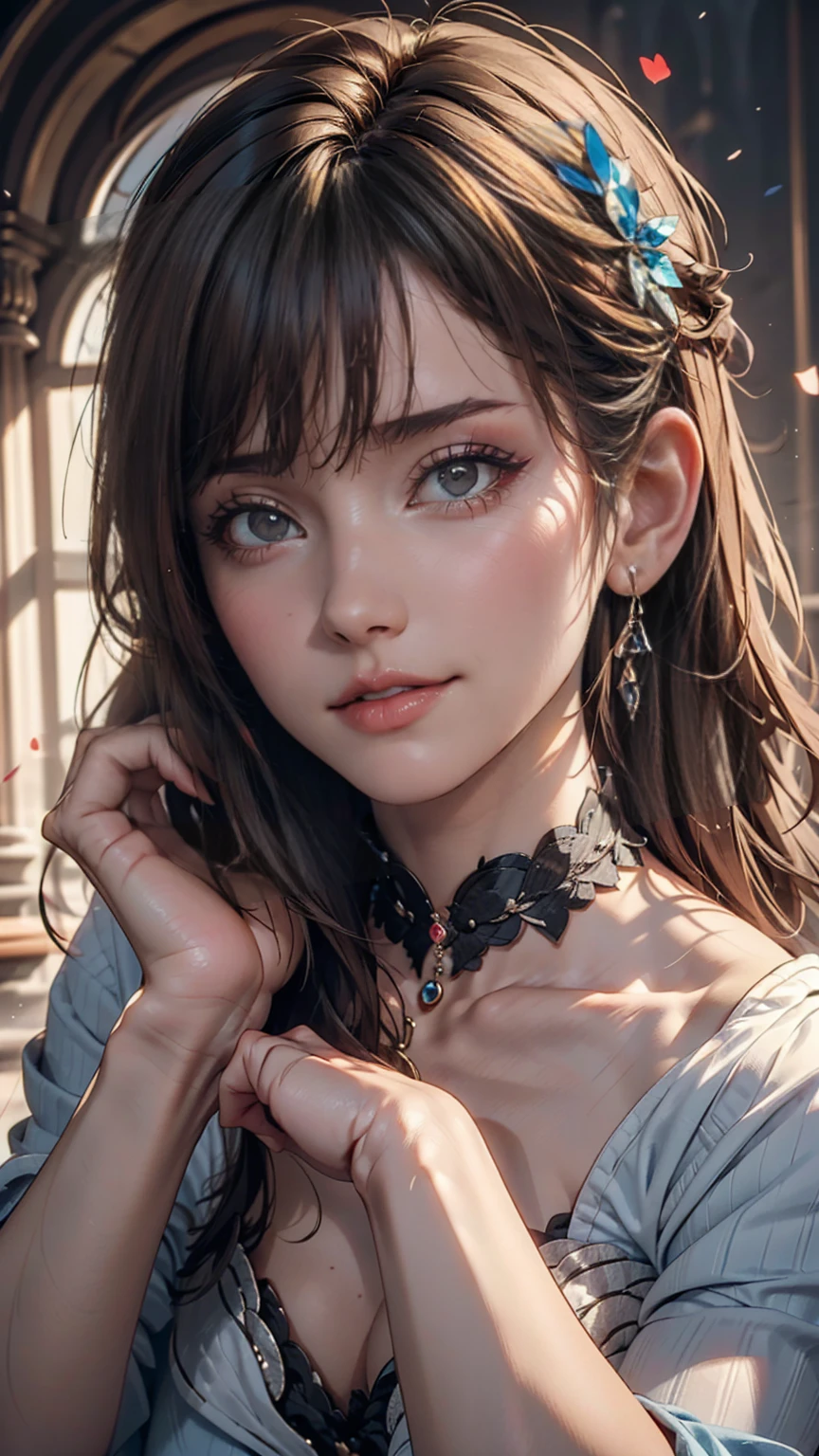 cute, ultra-detailed, figure, Complex, detailed, extremely detailed, detailed face, Soft Lighting, Soft Light, Soft Focus, Perfect Face, beautiful, Accurate anatomy, Exposure, 8k, 4K, (High resolution:1.1), Highest quality, (masterpiece:1.3), One girl, alone, jewelry, Brown eyes, View your viewers, Earrings, Grey Hair, bangs, choker, Mouth closed, Portraiture, clock, hair ornaments, Simple Background, Gray background, Long Hair, Headrest, lips, hair bow, black choker, bow, eyelash