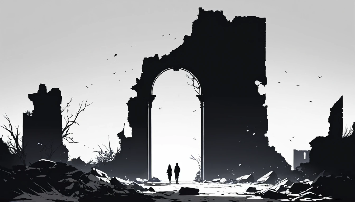 High-resolution digital art, (Ruin background:1.1), No one people around, minimalist black silhouette, clean white background, high resolution, digital art, vector illustration, black and white color palette