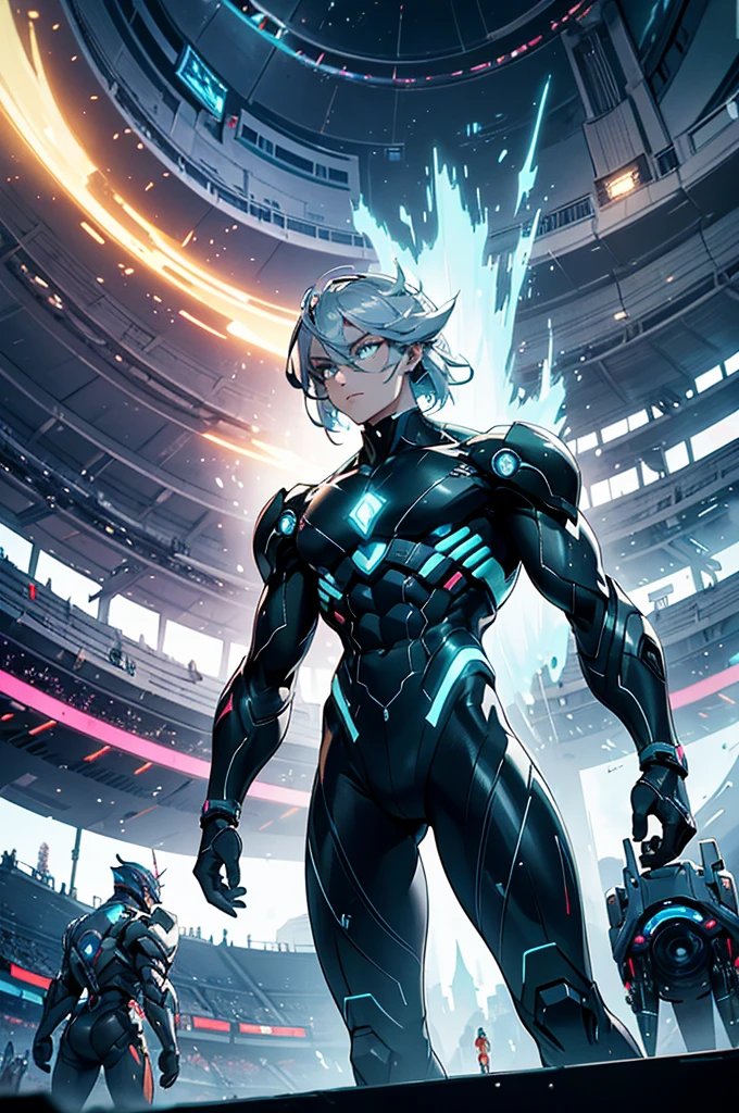 In a colossal, ultra-modern stadium with a retractable transparent dome, vibrant holographic billboards line the walls, displaying real-time statistics. The dynamic arena floor, composed of shifting nanobots, creates varied terrains, adding to the battle's complexity.

At the center, a sleek, black alloy humanoid android with glowing blue eyes faces off against a towering, muscular alien warrior with shimmering silver skin and deep green eyes. The android moves with inhuman speed, firing plasma projectiles from its arm cannons. The alien deflects them with a massive, crackling energy weapon.

Hovering drones capture every moment, broadcasting the fierce combat to a roaring crowd. Above, a colossal scoreboard tracks the combatants' vitals and energy levels in real-time, heightening the tension in this high-tech coliseum of the future.