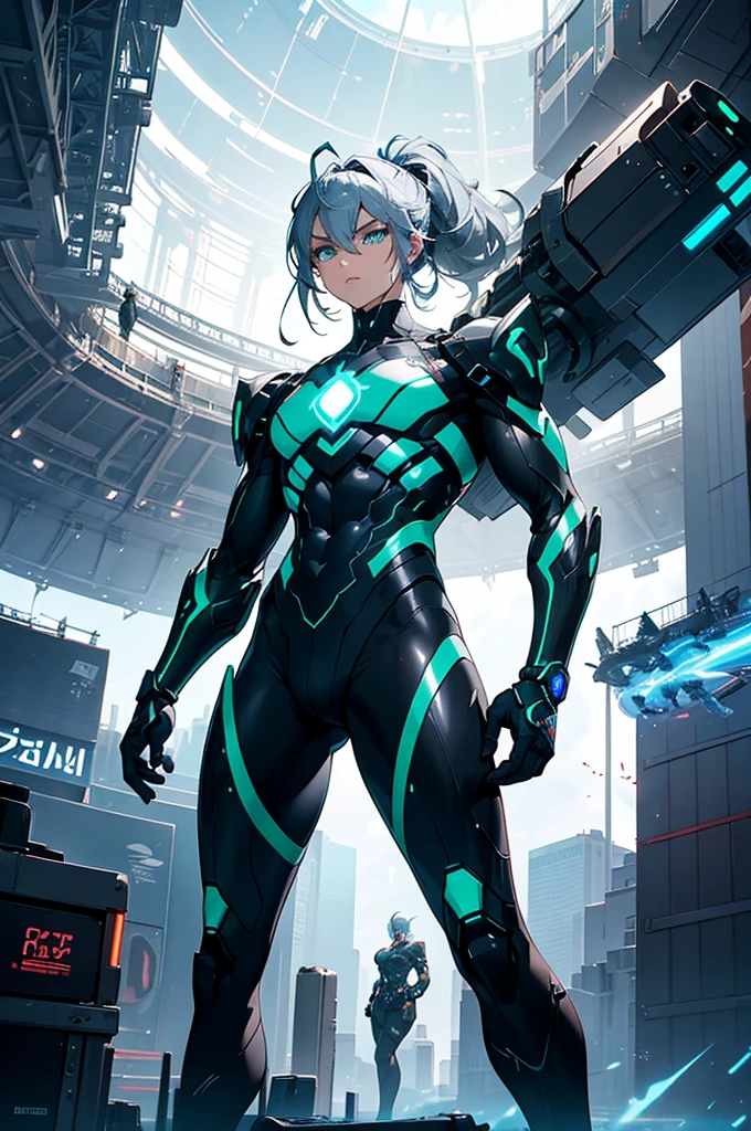 In a colossal, ultra-modern stadium with a retractable transparent dome, vibrant holographic billboards line the walls, displaying real-time statistics. The dynamic arena floor, composed of shifting nanobots, creates varied terrains, adding to the battle's complexity.
At the center, a sleek, black alloy humanoid android with glowing blue eyes faces off against a towering, muscular alien warrior with shimmering silver skin and deep green eyes. The android moves with inhuman speed, firing plasma projectiles from its arm cannons. The alien deflects them with a massive, crackling energy weapon.
Hovering drones capture every moment, broadcasting the fierce combat to a roaring crowd. Above, a colossal scoreboard tracks the combatants' vitals and energy levels in real-time, heightening the tension in this high-tech coliseum of the future.