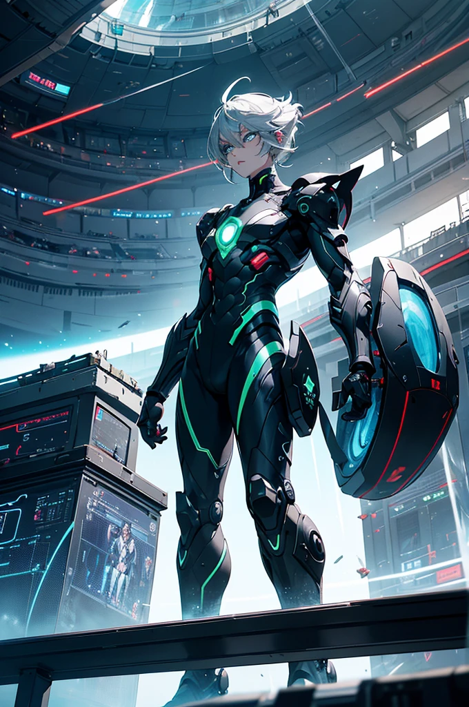 In a colossal, ultra-modern stadium with a retractable transparent dome, vibrant holographic billboards line the walls, displaying real-time statistics. The dynamic arena floor, composed of shifting nanobots, creates varied terrains, adding to the battle's complexity.

At the center, a sleek, black alloy humanoid android with glowing blue eyes faces off against a towering, muscular alien warrior with shimmering silver skin and deep green eyes. The android moves with inhuman speed, firing plasma projectiles from its arm cannons. The alien deflects them with a massive, crackling energy weapon.

Hovering drones capture every moment, broadcasting the fierce combat to a roaring crowd. Above, a colossal scoreboard tracks the combatants' vitals and energy levels in real-time, heightening the tension in this high-tech coliseum of the future.