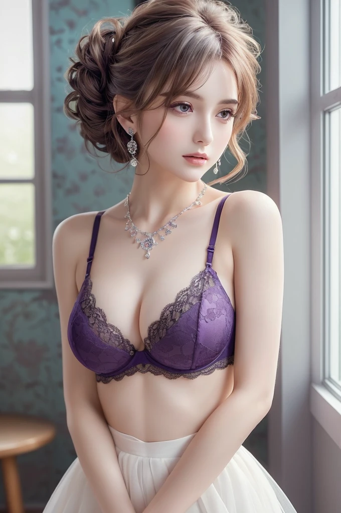 darkpurple lace thong bra, Large Breasts, (((Very elegant and beautiful, Perfect detail, Very detailed))), whole body, The most detailed girl, Written boundary depth, 美しく詳細なwhole body, Thin legs, 1 Girl, 30 years old, Very short hair, Spiked Hair, Gray and silver hair, Beautiful detailed hair, Perfect Face, Expressionless, Beautiful, detailed, deep eyes, Please open your mouth a little, Delicate arms and hands, Pale skin, Earrings, Beautiful and gorgeous necklace, Colorful background, HD background, Blurred Background, Very delicate and beautiful, masterpiece, (((Highest quality, Very beautiful 8K CG wallpaper))), (((Trendy hairstyles))), (Inside the room,Stylish interior,window),