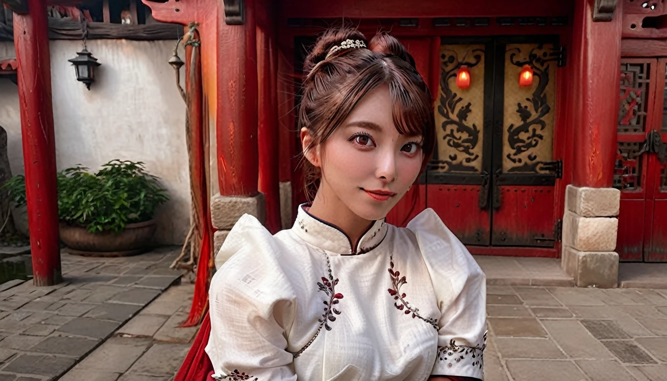Best image quality, Masterpiece Level, Ultra-high resolution, realism, Fantasy theme, arms, Facial details, A girl, single, Hair Bun, Fairy tale theme, Upper Body, Chinese Architecture, flame, Get detailed outdoor lighting and illumination, Increase overall ambient light detail, Face and eye details, improve the realism of body details, Articulate sharp focus, Poker face, White clothes, Burgundy hair, Bright Eyes, Simple background.