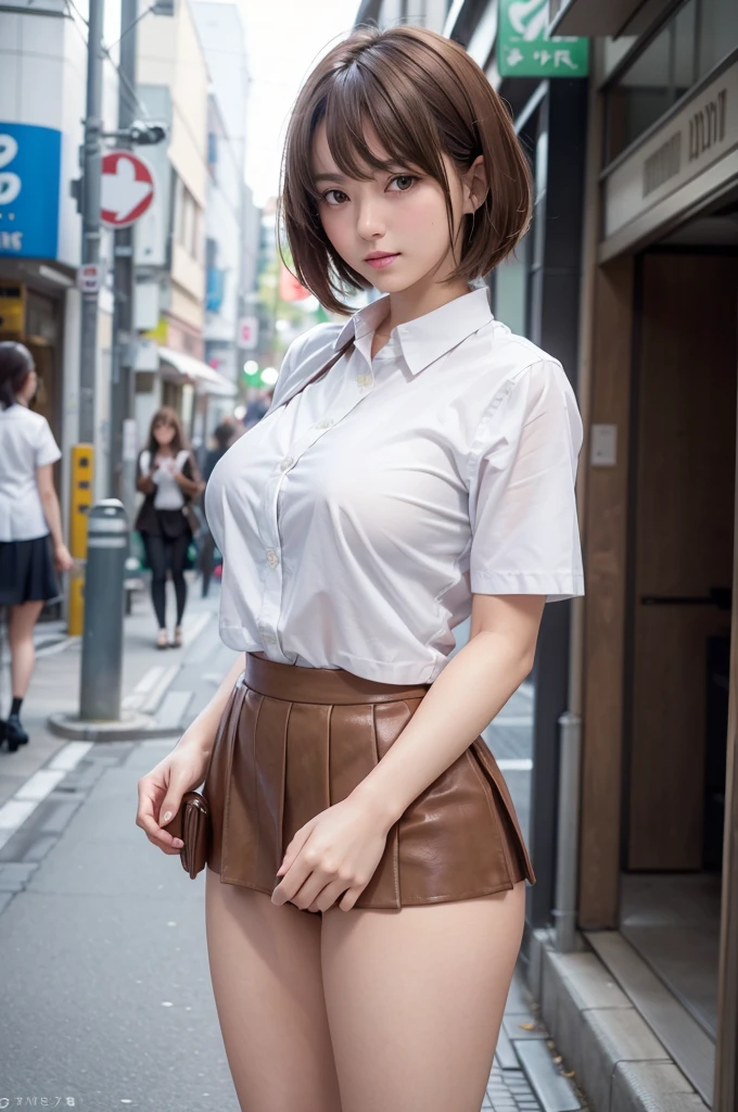 In 8K,Highest quality,The real picture,Intricate details,Ultra-high resolution,Depth Field,Masseter muscle area,Natural soft light,Professional Lighting,One Girl,(cute:1.2),Very beautiful 17 year old girl,Detailed eyes,((Brown eyes)),(Brown Hair),(Short-haired),(Bans),Perfect Skin,Glowing Skin,White skin,Fine skin,Big ample breasts,((Perfect Anatomy,Nice hands,Perfect hands,Five fingers connected to the palm,Accurate needles without discomfort)),Perfect bare legs,Delicate legs,Perfect Proportions,Sexy,I can see your chest,((Japan Uniform)),((Uniform Mini Skirt)),(tie),Black socks,Chano Leather Shoes,Lurking deep in the city,I can see your crotch,Show me your panties in the street,Both legs are bent,Legs are spread in an M shape,,I can see your pants,Slender thighs when viewed from the front