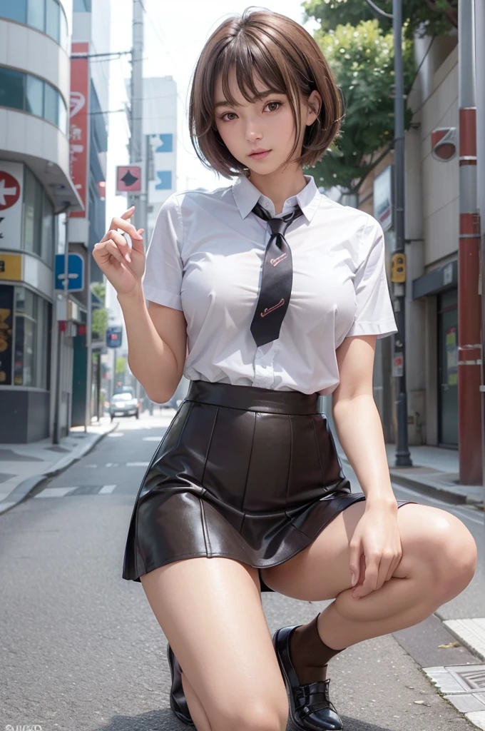 In 8K,Highest quality,The real picture,Intricate details,Ultra-high resolution,Depth Field,Masseter muscle area,Natural soft light,Professional Lighting,One Girl,(cute:1.2),Very beautiful 17 year old girl,Detailed eyes,((Brown eyes)),(Brown Hair),(Short-haired),(Bans),Perfect Skin,Glowing Skin,White skin,Fine skin,Big ample breasts,((Perfect Anatomy,Nice hands,Perfect hands,Five fingers connected to the palm,Accurate needles without discomfort)),Perfect bare legs,Delicate legs,Perfect Proportions,Sexy,I can see your chest,((Japan Uniform)),((Uniform Mini Skirt)),(tie),Black socks,Chano Leather Shoes,Lurking deep in the city,I can see your crotch,Show me your panties in the street,Both legs are bent,Legs are spread in an M shape,,I can see your pants,Slender thighs when viewed from the front