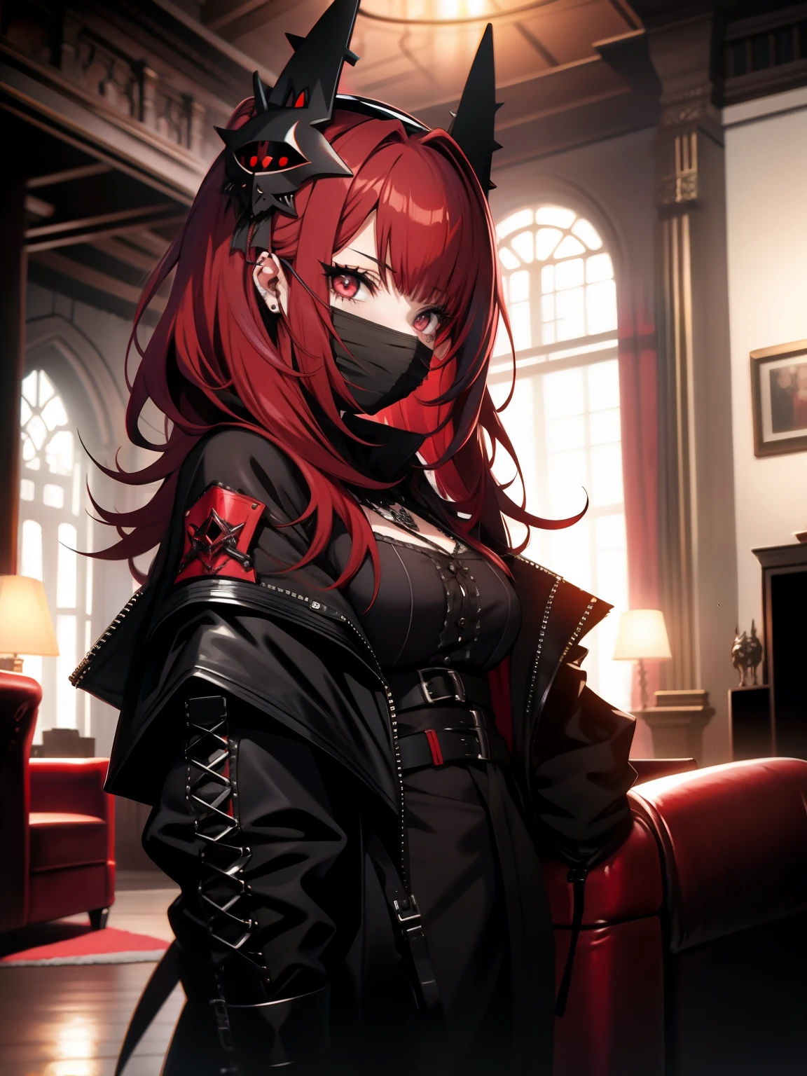 1girl, gothic punk girl, mask, red hair, living room