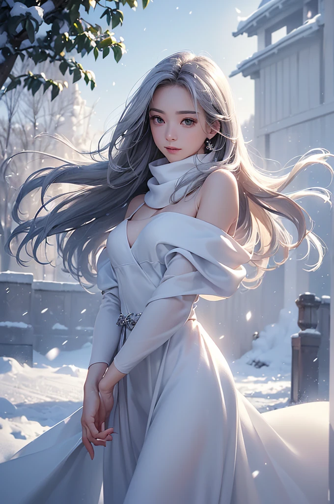 ((masterpiece:1.5、8k、Portraiture、フォトリアリスティックでVery detailedなCG、Very detailed、Particle Effects、Dynamic Effects、Shallow depth of field、Cinematic Light、Lens flare、Ray Tracing、Tabletop、Realistic:1.4、Ultra-high resolution:1.2、Realistic、Realistic))((alone、,A woman wearing a cashmere coat over an off-the-shoulder dress:1.4、wear a long scarf、Elegant woman posing、Detailed face、bright表情、young, bright, Whiter skin、Ample breasts、Best Looks、Ultimate beauty、Shiny silver hair with highlights、bright and shiny hair,、Super long, Silky straight hair、Hair dancing in the wind))(morning、The setting is outdoors in the snow、Surrounded by illuminations)
