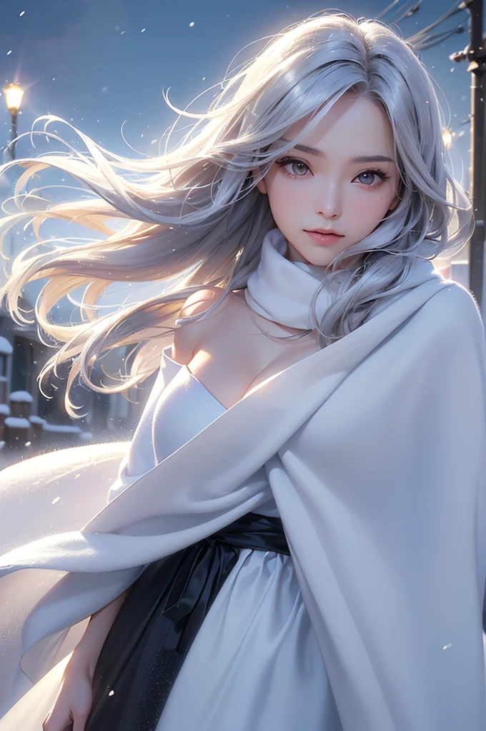 ((masterpiece:1.5、8k、Portraiture、フォトリアリスティックでVery detailedなCG、Very detailed、Particle Effects、Dynamic Effects、Shallow depth of field、Cinematic Light、Lens flare、Ray Tracing、Tabletop、Realistic:1.4、Ultra-high resolution:1.2、Realistic、Realistic))((alone、,A woman wearing a cashmere coat over an off-the-shoulder dress:1.4、wear a long scarf、Elegant woman posing、Detailed face、bright表情、young, bright, Whiter skin、Ample breasts、Best Looks、Ultimate beauty、Shiny silver hair with highlights、bright and shiny hair,、Super long, Silky straight hair、Hair dancing in the wind))(morning、The setting is outdoors in the snow、Surrounded by illuminations)