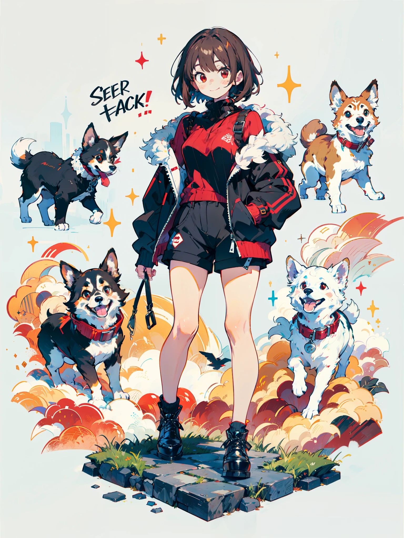 white background, full body, standing,charaSF,smile, 1girl, solo, short hair, brown hair, red eyes, collar, black jacket, off shoulder, fur trim, red sweater, ribbed sweater, turtleneck, shoulder cutout, long sleeves, black shorts, blush sticker,dog collar,black shoes