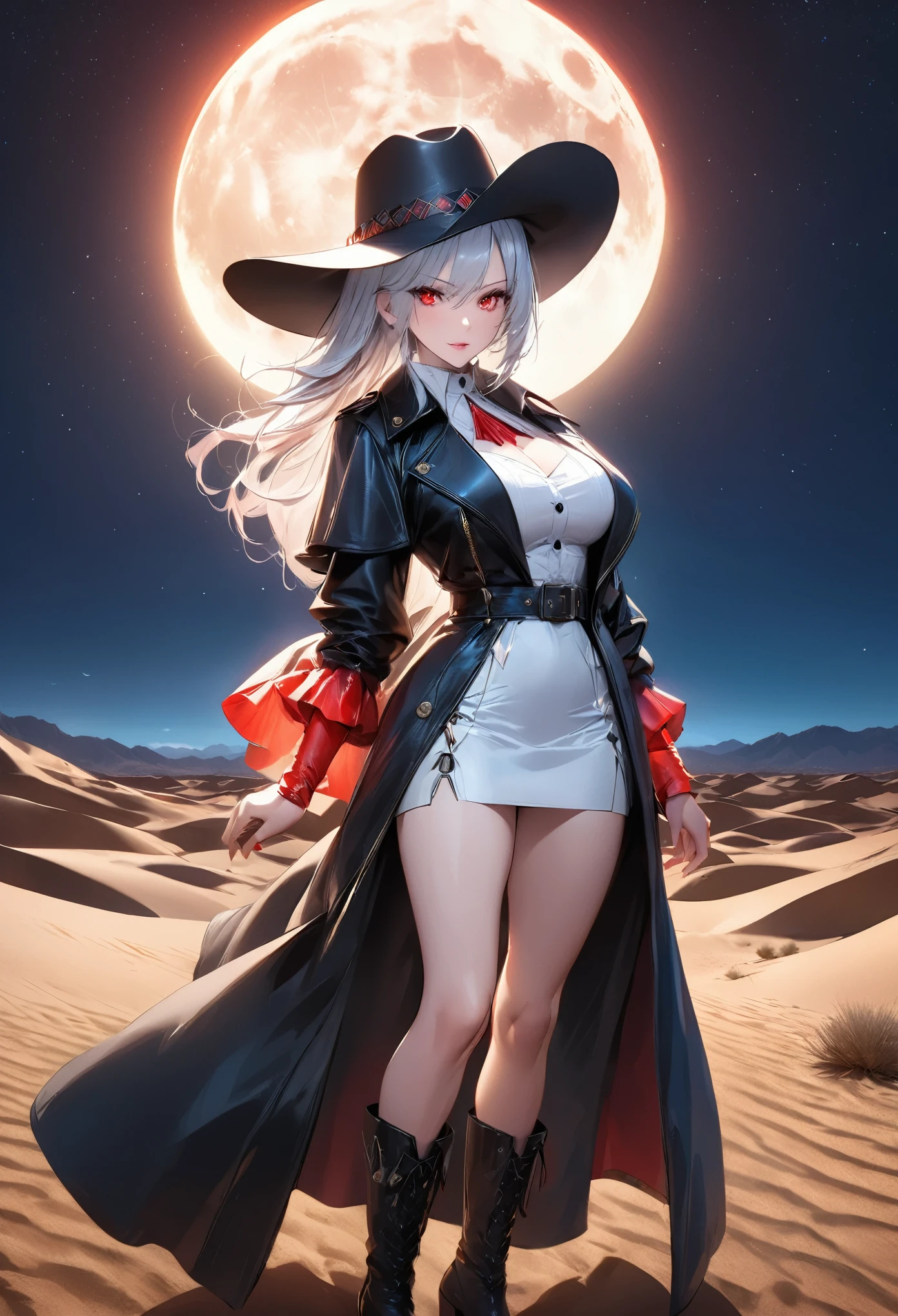 (black and white 19th century photograph style: 1.5) picture of a female vampire cowboy in the desert night, a goth beauty, exquisite beautiful female vampire, ((anatomically correct: 1.5), (ultra detailed face: 1.2), best detailed face, red glowing eyes, full body, busty, wearing white bottom shirt, short skirt, dynamic color. wearing (cowboy hat: 1.2), wearing high heeled boots, wearing open black trench coat, flowing trench coat, it is night time in the desert, moon light. moon rays, west America desert canyon background, Hyperrealism style, vibrant, Ultra-high resolution, High Contrast, (masterpiece:1.5), highest quality, Best aesthetics), best details, best quality, highres, ultra wide angle, 16k, [ultra detailed], masterpiece, best quality, (extremely detailed) RAW, chumbasket art style, rpg portrait photograph,