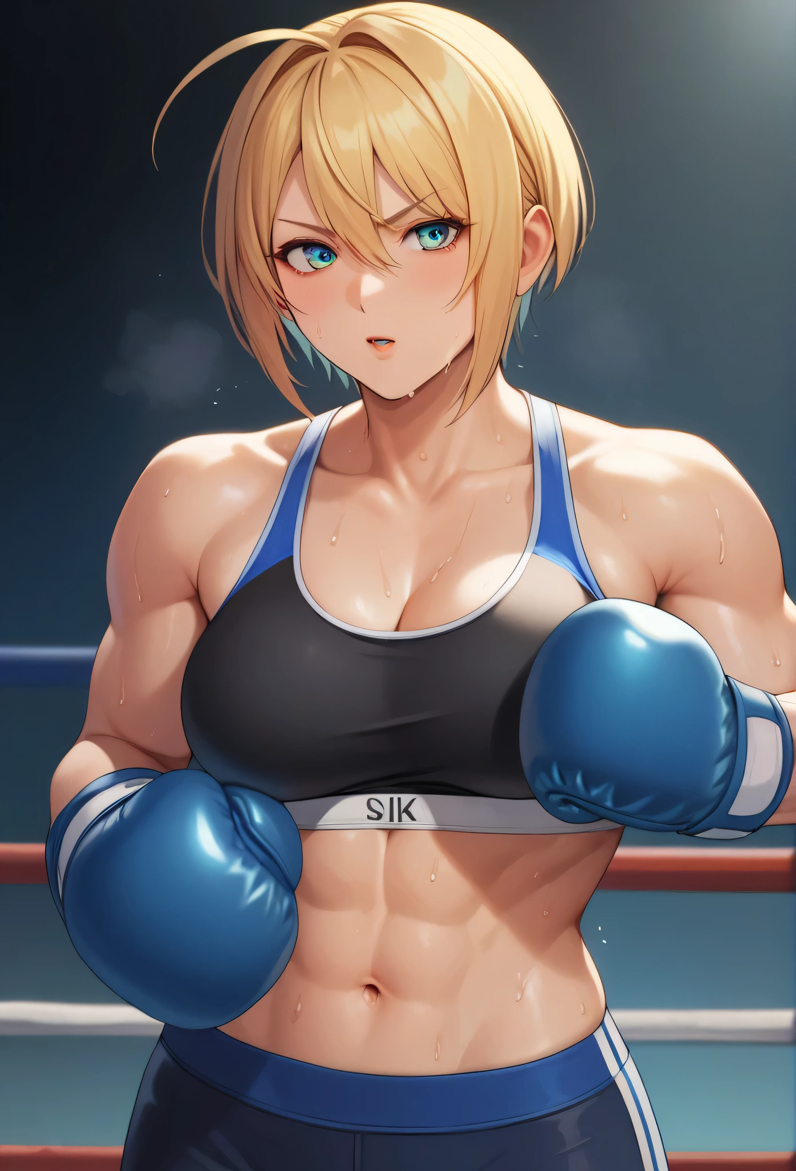 1girl, sports bra, boxing gloves, sweating