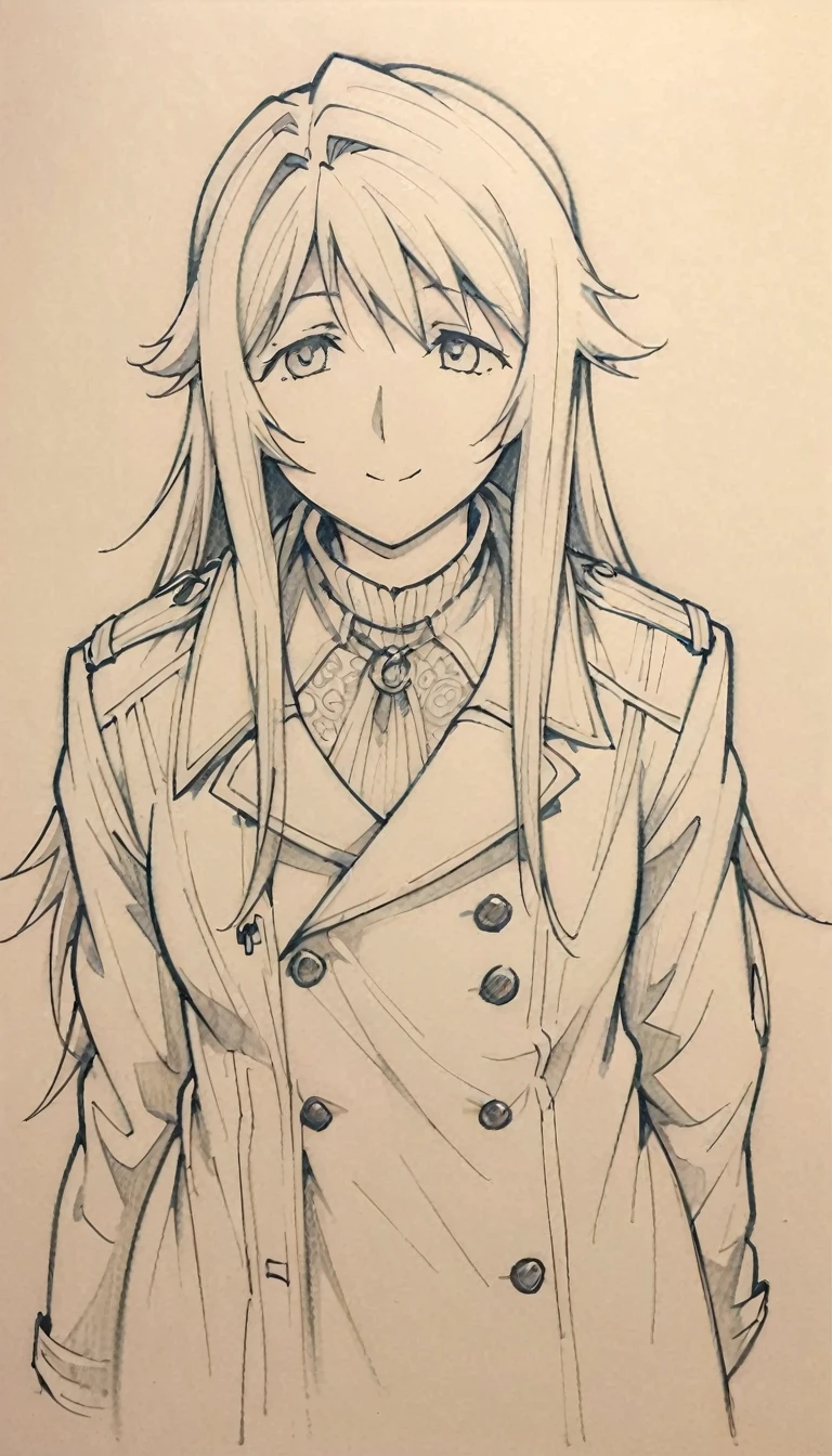 1 ,Line drawing,monochrome,（sketch:1.5、pattern、pencil drawing:1.5、board:1.5）,board，traditional media, whole body,look up,Cold Background ,(Gothic style，Wear a large trench coat） , Solitary、( Solitary),Smile，Long hair，Someone took a photo of her