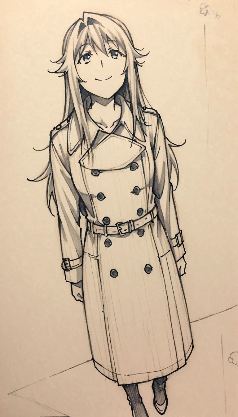 1 ,Line drawing,monochrome,（sketch:1.5、pattern、pencil drawing:1.5、board:1.5）,board，traditional media, whole body,look up,Cold Background ,(Gothic style，Wear a large trench coat） , Solitary、( Solitary),Smile，Long hair，Someone took a photo of her