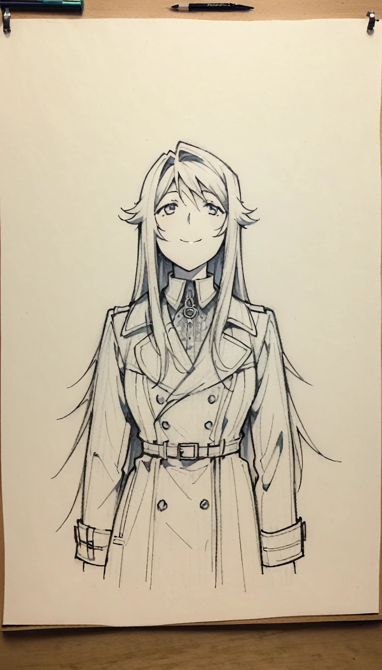 1 ,Line drawing,monochrome,（sketch:1.5、pattern、pencil drawing:1.5、board:1.5）,board，traditional media, whole body,look up,Cold Background ,(Gothic style，Wear a large trench coat） , Solitary、( Solitary),Smile，Long hair，Someone took a photo of her