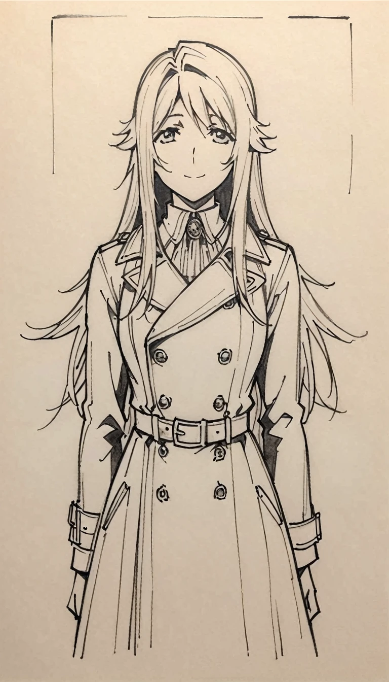 1 ,Line drawing,monochrome,（sketch:1.5、pattern、pencil drawing:1.5、board:1.5）,board，traditional media, whole body,look up,Cold Background ,(Gothic style，Wear a large trench coat） ,Smile，Long hair，Clothing Model,Someone took a photo of her