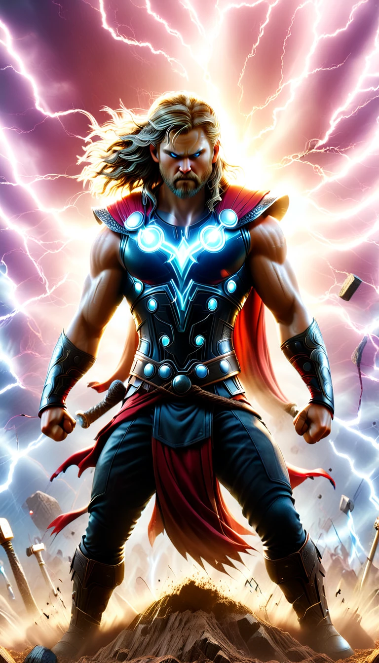 Low angle, wide shot
Thor, battlefield, day, dramatic lighting, lightning, enemies, giants, chaos, Thor swinging Mjölnir, thunder, stormy sky, intense, dust clouds, epic, warriors, battle stance, determined expression, clashing weapons, energy, vibrant colors , 3d