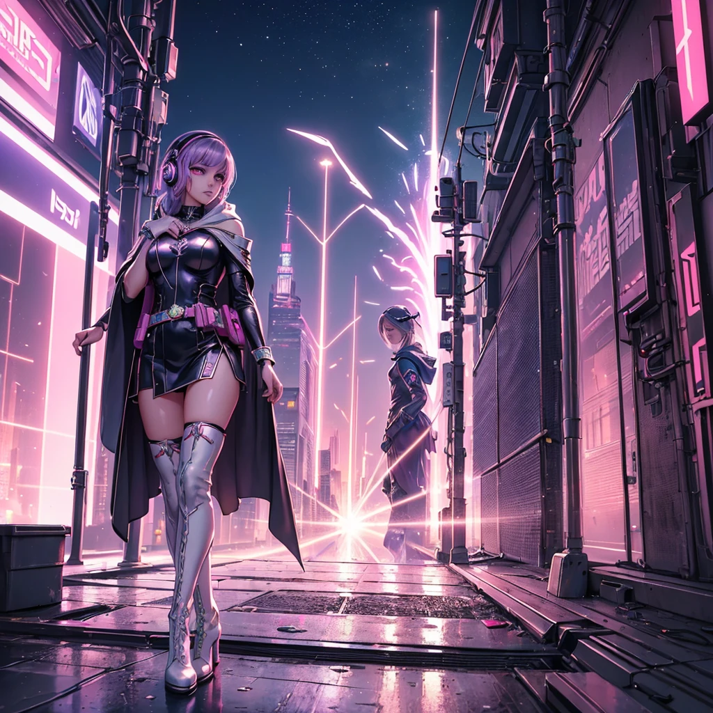 a stunning magical girl in a cyberpunk world, beautiful detailed eyes, beautiful detailed lips, extremely detailed face, long eyelashes, girl with a cute heart-shaped magic wand, hooded cape, wearing a headset, idol-like cyberpunk outfit, white thigh-high boots, utility pouch on waist, (best quality,4k,8k,highres,masterpiece:1.2),ultra-detailed,(realistic,photorealistic,photo-realistic:1.37),vivid colors,professional digital art,intricate details,concept art,cyberpunk,magical girl