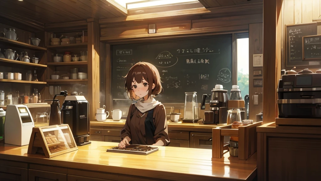 Girl listens to making coffee in a coffee shop,2D anime style, The morning air was clear. ,Warm atmosphere,