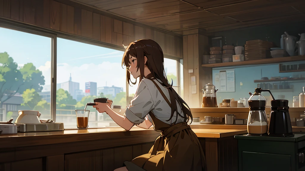 Girl listens to making coffee in a coffee shop,2D anime style, The morning air was clear. ,Warm atmosphere,