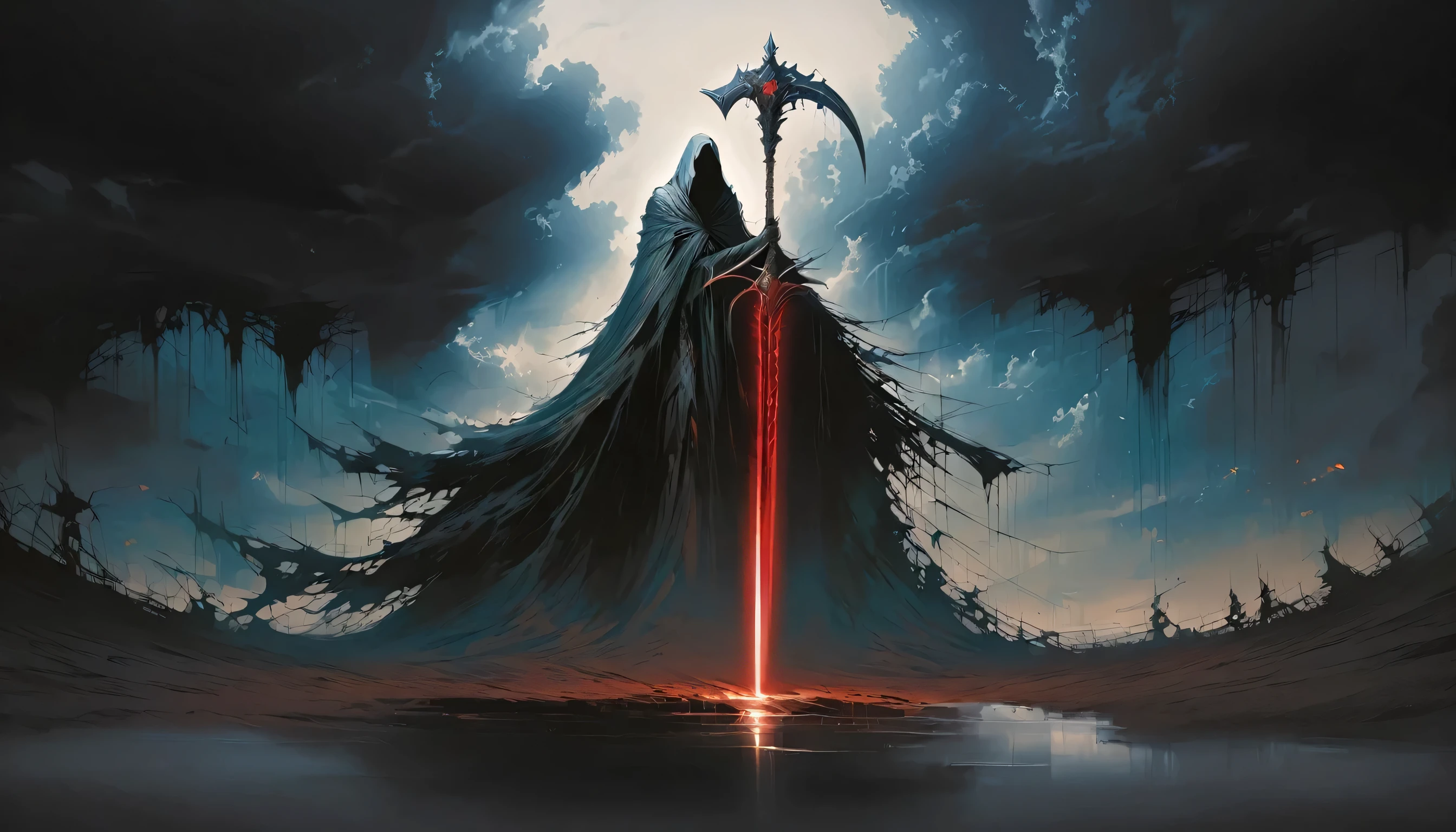 (masterpiece, best quality:1.2), Death in the sinkhole，cloak，Holding a red scythe，moonlight，heavily clouded，Thunder and lightning， Dark fantasy illustration style , Dark Arts, High contrast, Dark Shadows, Atmospheric perspective, Melancholic colors, Thin Film Component, Volumetric Lighting, number, Brushstrokes, Dramatic Lighting, Low angle shot, Surrealism, Very detailed, Surrealism