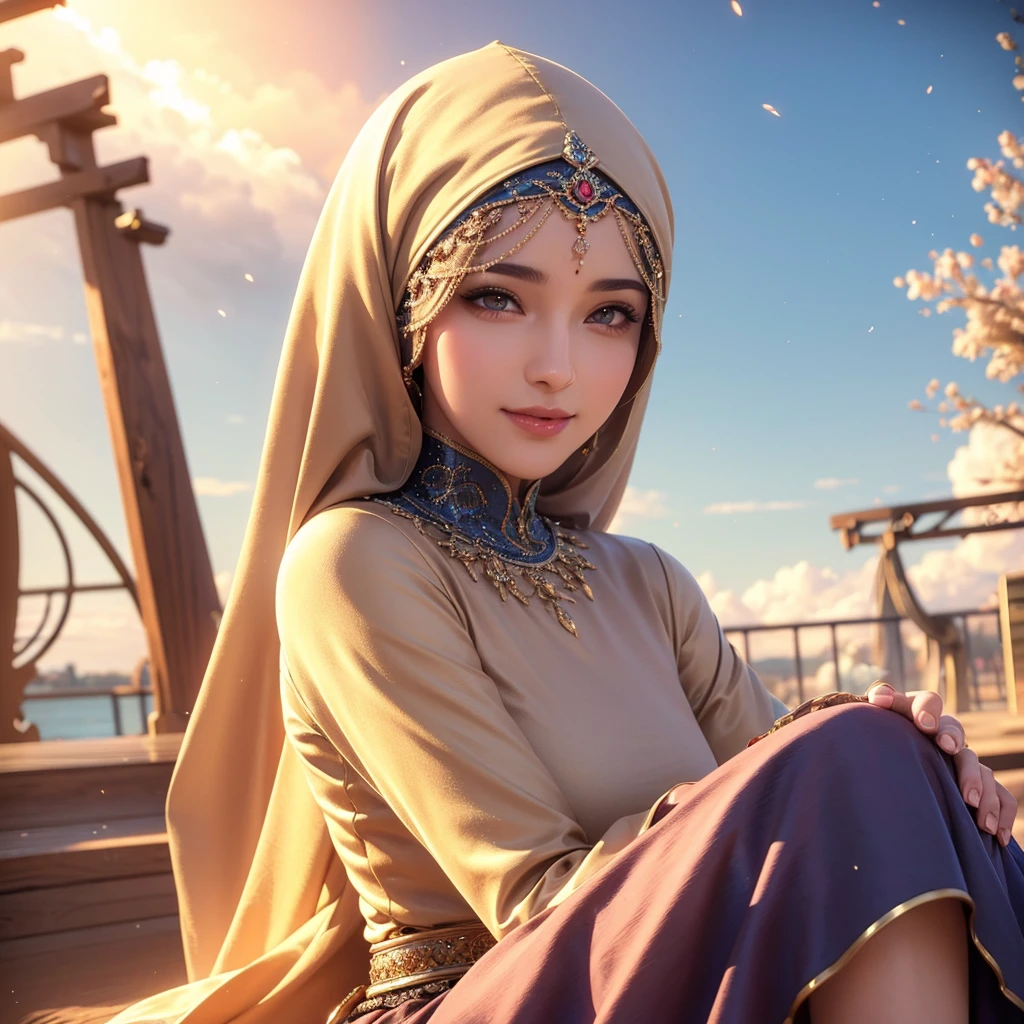 1 gorgeous mature woman in hijab, moslem outfit, outdoor romantic date setting, beautiful detailed eyes, beautiful detailed lips, extremely detailed eyes and face, long eyelashes, beautiful smile, hot mom, portrait, (best quality,4k,8k,highres,masterpiece:1.2),ultra-detailed,(realistic,photorealistic,photo-realistic:1.37),HDR,UHD,studio lighting,ultra-fine painting,sharp focus,physically-based rendering,extreme detail description,professional,vivid colors,bokeh,portraits,warm color tones,dramatic lighting