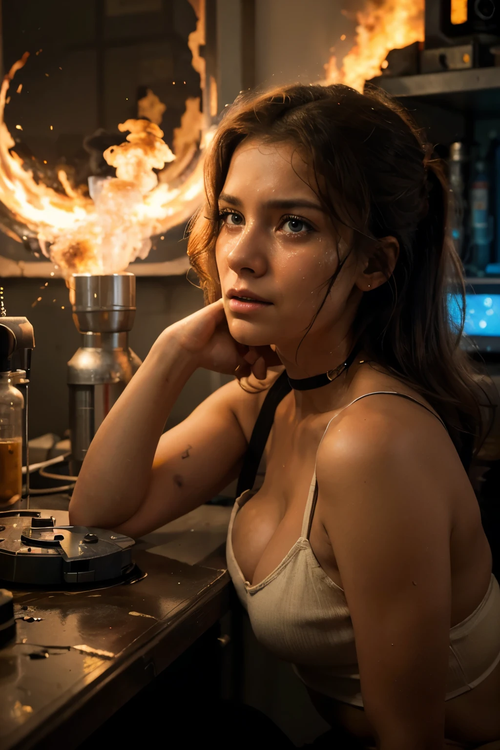 A realistic illustration of a stunningly beautiful woman in a dire situation with a look of pain, tears, and utter despair. Surrounding her were large thought bubbles of event images, wordless, describing mishaps such as mixing incompatible chemicals causing explosions, creating fire and colorful smoke, and overloading the drive. plugged in due to electrical sparks and missiles erupting from the submarine. The scene is her sitting in a chemical research room, detailed, mixing humor with a deeper message of self-reflection on actions and results without the need for text, masterpiece, 8K