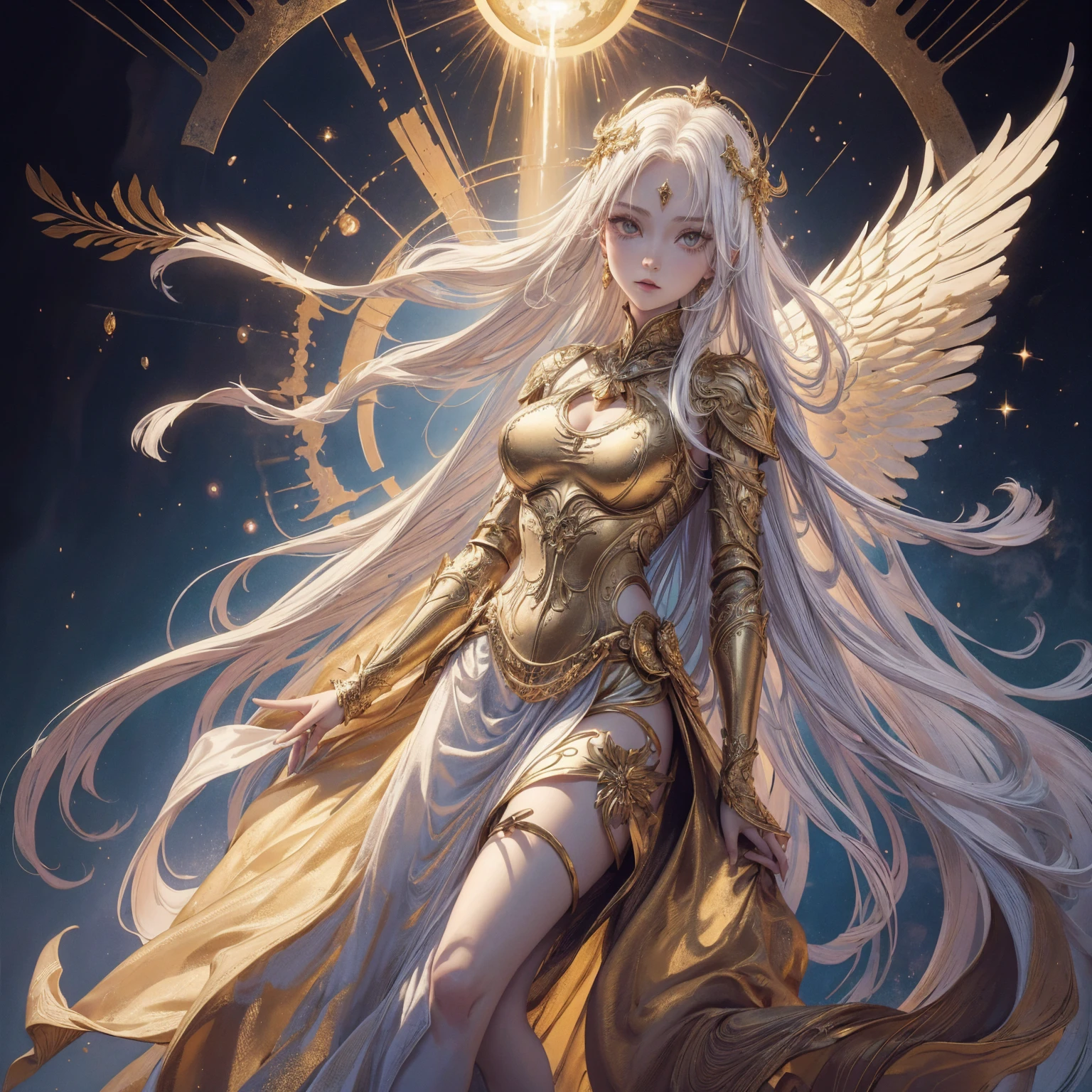Art of Woman Wearing Sun Crown, Wearing a gorgeous golden metal bra and breastplate that reveals a little skin above the chest, Wearing a gorgeous golden dress with nebula inside, A pair of giant angel wings taller than the body spread out behind the woman., ancient goddess art, Sacredness. Very detailed, Mysterious inspiration, Inspiration from the Sun God, Religious inspiration, A divine background, Cold and snobbish face, Dangerous expressions, White hair, Floating sideways in the void like a goddess, One hand reaches out to the sky while the other hand holds a brilliant orb as bright as the sun., Full body portrait, Gothic art style, Weird art style, Occult art, Halo of angels, contempt eyes, Divine light, Wide-angle lens, Upward Shot