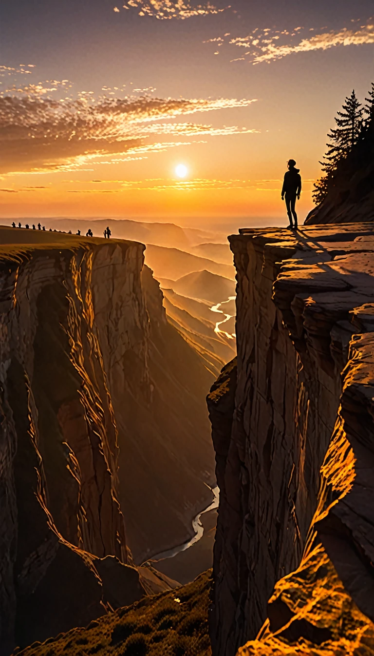 A person stands at the edge of a cliff, gazing at the sunset, its warm colors illuminating the sky. As they admire the breathtaking scene, a glowing shadow begins to form behind them. The entity appears to be made of pure light, its contours shimmering and flickering as if made of liquid gold. Slowly and silently, it moves towards them until it finally touches their body and starts to merge with them. The person feels a sudden jolt and a mix of fear and awe as the entity completely takes over, their two forms merging into one.