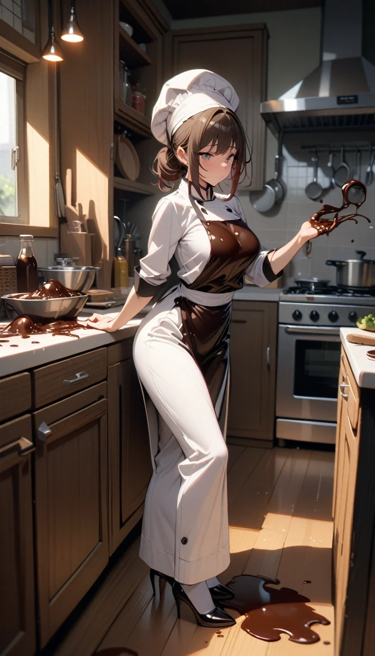 (Photorealistic:1.4), (Superfine), (Nude:1.4), (White apron:1.8), (back open), Adult woman in her early twenties, Cute, Beautiful, Detailed design, (Lustrous skin), ((Glossy black hair,Ponytail 1.3)), Complete and perfect body, Staring at viewer, Smile: 1.4, Body structure without breakdown, Slender: 1.5, Big tits:1.7, From the side:1.5, tight butt, Dense and clean skin: 1.3, Eyes detailed: 1.5, Kitchen: 1.4, Natural light: 1.5