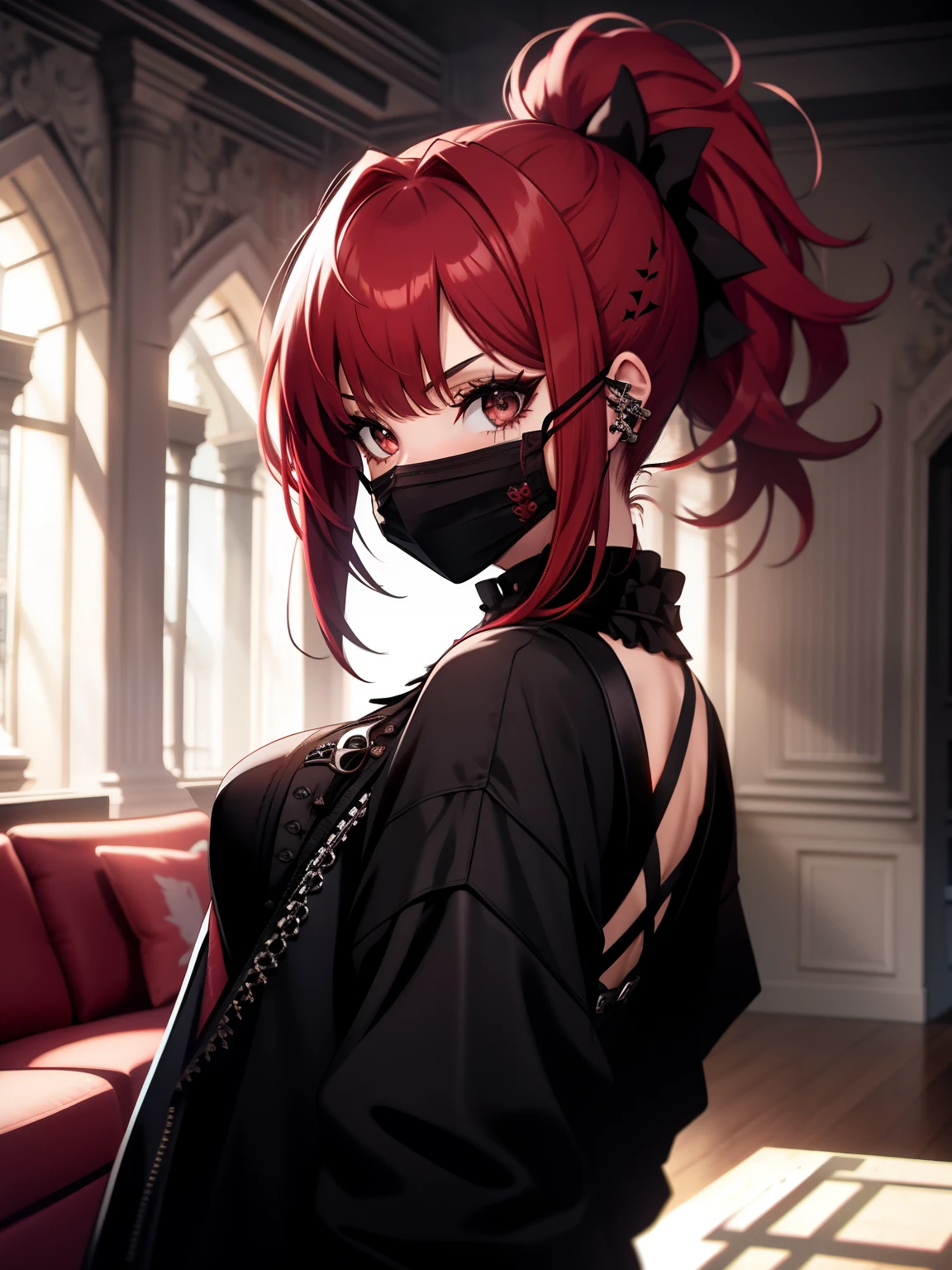 1girl, gothic punk girl, mask, red hair, living room, ponytail