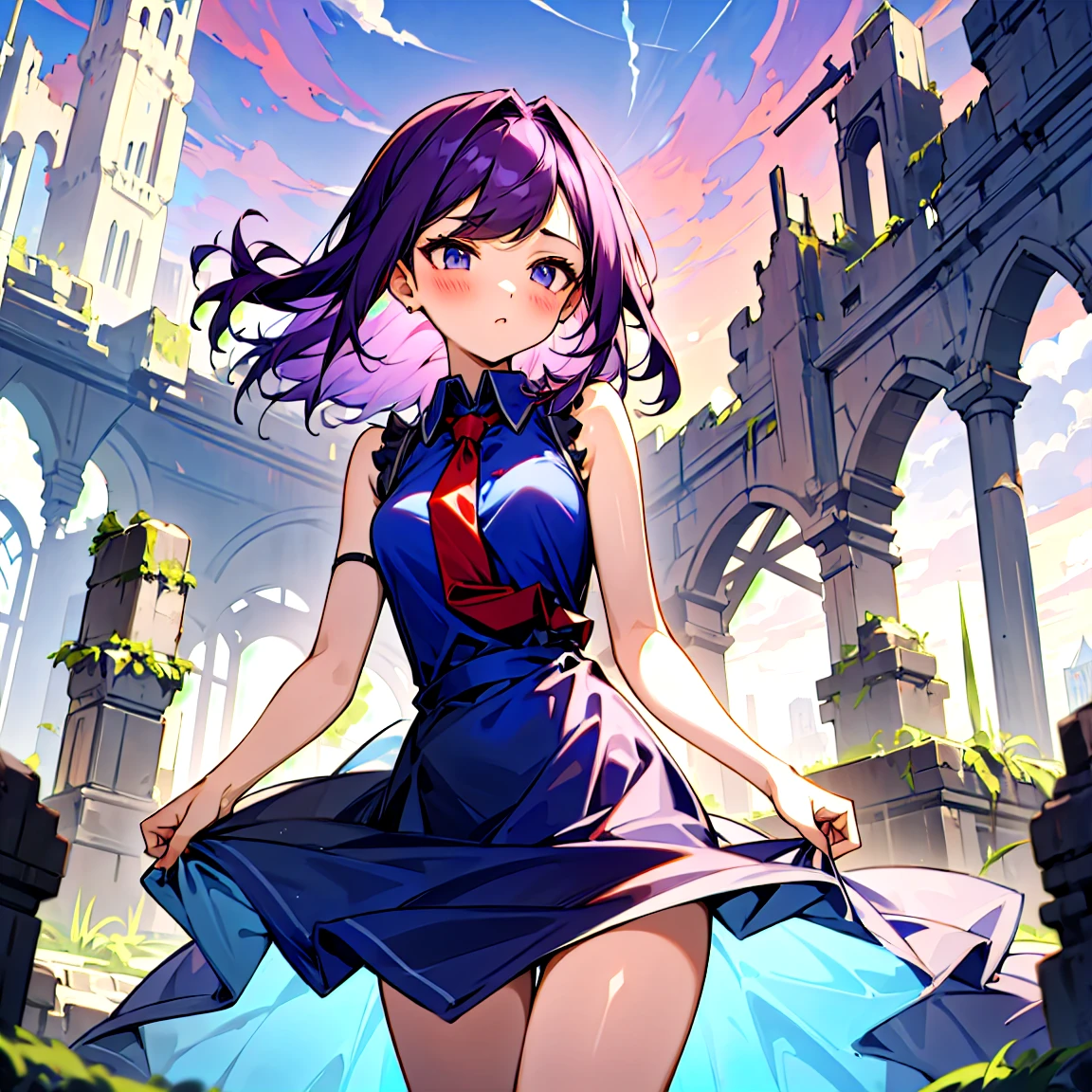 (masterpiece:1.2), (high quality:1.2), girls with((1girl, solo, purple hair, (medium hair, right swept bangs, one side up:1.55), bare shoulder, blush, breasts, cowboy shot, navy blue shirt, chinese shirt dress, blue cheongsam, blue slit, frills dress, sleeveless, (collared shirt, red necktie:1.45), black armwarmers, elbow armwarmers, princess dress, long dress, (open dress:1.34), black shorts, bare legs, stands)), background with((fantasy world, ruin, castle, beautiful sky, shining sky, sunshine:1.35))