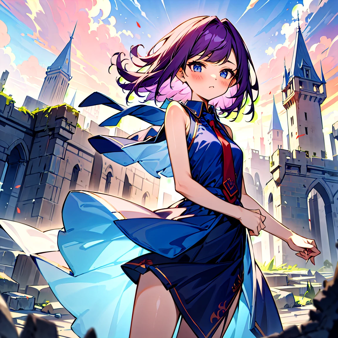 (masterpiece:1.2), (high quality:1.2), girls with((1girl, solo, purple hair, (medium hair, right swept bangs, one side up:1.55), bare shoulder, blush, breasts, cowboy shot, navy blue shirt, chinese shirt dress, blue cheongsam, blue slit, frills dress, sleeveless, (collared shirt, red necktie:1.45), black armwarmers, elbow armwarmers, princess dress, long dress, (open dress:1.34), black shorts, bare legs, stands)), background with((fantasy world, ruin, castle, beautiful sky, shining sky, sunshine:1.35))