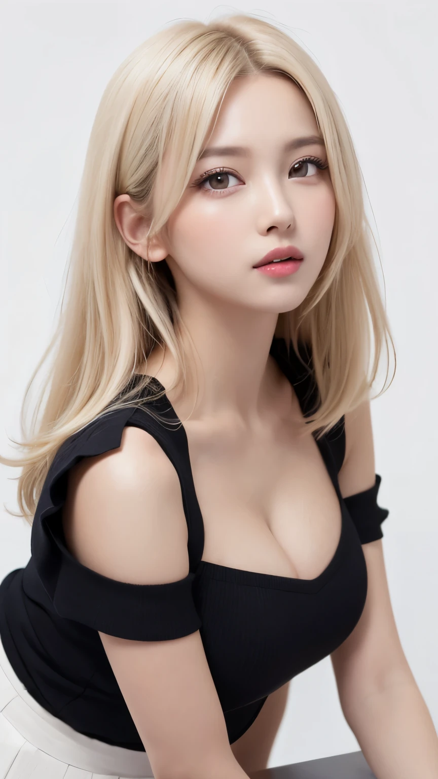 (((forehead、Extreme pose、A calm face、Tiered skirt、Tunic、White Blonde Hair、Waist-length hair、Northern Europe、White、beautiful girl、Blonde、White background、cute、Young、True Face、Shiny Hair、whole body)))、table top, highest quality, figure, super detailed, finely, High resolution, 8k wallpaper, Perfect dynamic composition, detailed and beautiful eyes, Deco out,bionde, medium hair, big breasts, Natural color lip,white background, random cute poses,