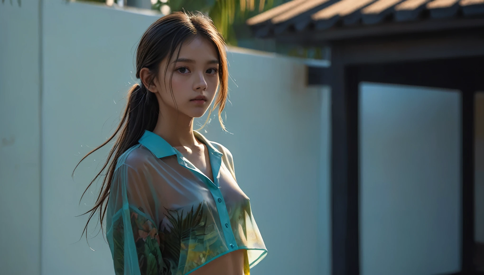 8k, high resolution, masterpiece, ultra-detailed, (ager, 15 Yrely legal, tanned skin), (sheer oversized blouse, plain, short, wide neckline, deep neckline, random color, shiny boxers), (cozy cabana, shiny silky sheets, outdoor), (tropical ressort after a swim, wet), (small breasts, small hips, detailed face, long ponytail hair, tattoos, very thin leather collar), at night, full body shot, view from distance, random pose
