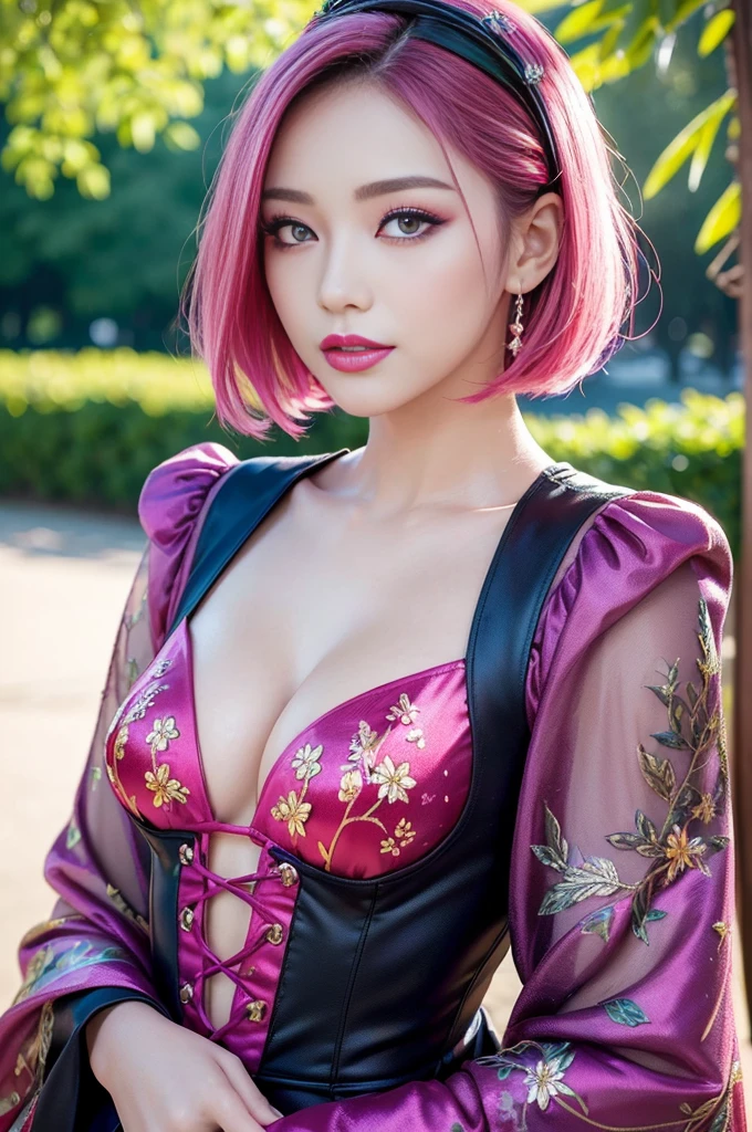 (masterpiece:1.4), (best quality:1.4), ultra high res, ultra high resolution, ((detailed facial features)), HDR, (realistic, photorealistic, photo-realistic:1.37), full body Esbian, sexy Japanese model, (-anime), only 1 model, vivid colors, ((vivid colors multicolor (fuchsia, pink, light blue, purple) very short hair)), (happy smile), lip-gloss, long lashes, ultra detailed metallic makeup, defined eyebrows, wearing a red silk Paradise Kiss cosplay dress with black floral embroidery, ((vivid colors outfit)), vivid colors, look at the camera, cinematic light, large park background with trees, sweet and sexy pose