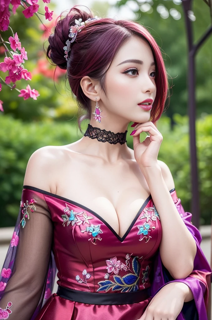 (masterpiece:1.4), (best quality:1.4), ultra high res, ultra high resolution, ((detailed facial features)), HDR, (realistic, photorealistic, photo-realistic:1.37), full body Esbian, sexy Japanese model, (-anime), only 1 model, vivid colors, ((vivid colors multicolor (fuchsia, pink, light blue, purple) very short hair)), (happy smile), lip-gloss, long lashes, ultra detailed metallic makeup, defined eyebrows, wearing a red silk Paradise Kiss cosplay dress with black floral embroidery, ((vivid colors outfit)), vivid colors, look at the camera, cinematic light, large park background with trees, sweet and sexy pose