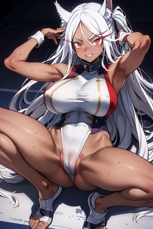 Rumi Usagiyama, long hair, animal ears, white hair, rabbit ears, dark-skinned female, muscular, 
rabbit girl, muscular female, (red eyes:1.5), (parted bangs:1.5), (complete anatomy),
High resolution,Sharp focus,(Super detailed,Very detailed),(Very detailed CG unity 8k wallpaper),(((Vibrant colors))),{best illustration},
Complex eyes,Beautiful Eyes,Symmetrical eyes,Big eyes:1.5,Seductive eyes, (((dark skin,dark_skin,lustrous skin:1.5,bright skin: 1.5,
skin tanned, shiny skin,very shiny skin,Shiny body,plastic glitter, skin,exaggerated shiny skin,illuminated skin))),Perfect Fingers,
(Detailed body),(Detailed face)), cute,Lewd,erotic,Bold,Camel Toe,Revealing clothing,show skin,
(Huge hips:1.1),(Huge breasts, Glamour:1.2),
nsfw, bewitching pose, (((vulgarity))), sweat,Dripping water,My whole body is wet,heavy breathing, humid, fog,(Stuffy armpits:1.2), 
Open legs wide, spread legs,((Lie on back)), 
Arrogant look, Domineering smile, Baring teeth,  
Shadow,towel,Dazzling Light, nsfw, bewitching pose, (((vulgarity))), sweat,Dripping water,My whole body is wet,heavy breathing, humid, fog,(Stuffy armpits:1.2), 
Open legs wide, spread legs,((Lie on back)),