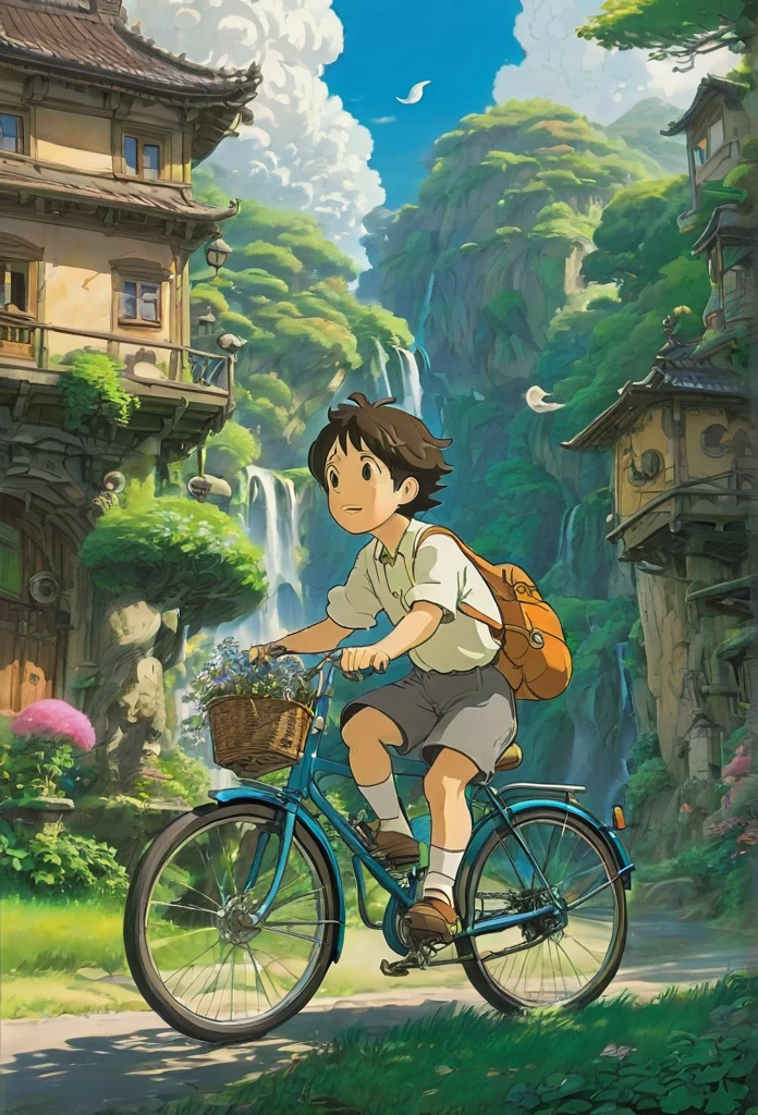 Studio Ghibli, Highest quality, masterpiece, so beautiful, Perfect composition, Intricate details, Highly detailed young man Pedalling a bicycle