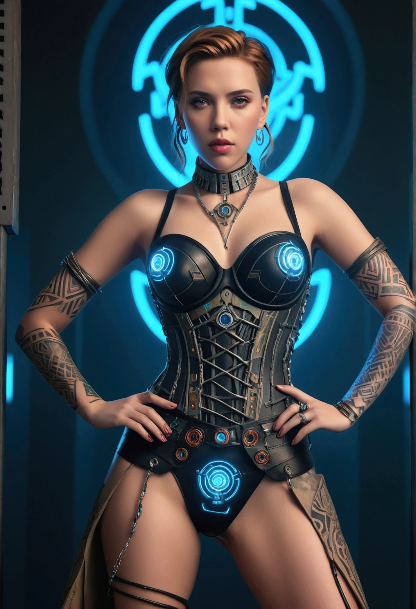 detailed cinematic photography of Beautiful teen Scarlett Johansson as cyberpunk techno female shaman, tribal corsetry outfit, tribal tattoos, a beautiful cyberpunk cell, dynamic pose,  posing for Maxim magazine cover, neon lit, iabstract beauty, near perfection, pure form, intricate detail Outrageously stunning detailed photo realistic cinematic photography