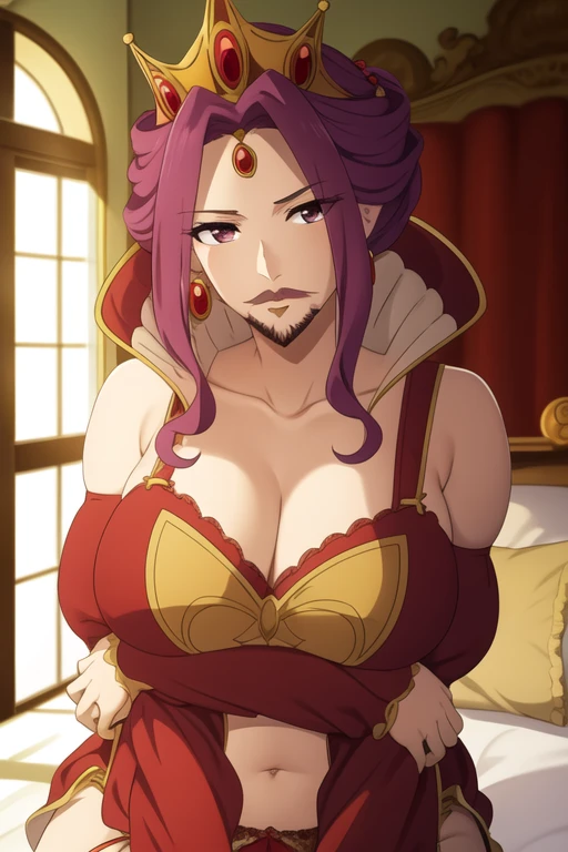 Fake Mustache, big mustache, beard, big beard, indoors,bedroom,
sitting on bed,
bare shoulders, barefoot, cleavage, collarbone,lace,red lingerie,navel,red panties, bare arms,
see-through,thighs,red underwear, garter straps,thighhighs,red bra,garter belt with red pantyhose,
purple_hair, purple_eyes, Bangs,jewelry, earrings,golden crown,
1 girl, 20yo,Young female,Beautiful Finger,Beautiful long legs,Beautiful body,
Beautiful Nose,Beautiful character design, perfect eyes, perfect face,expressive eyes,
looking at viewer, in the center of the image, Upper body,Focus on her face, Bright Front face Lighting,shiny skin, film grain, blurry background, bokeh, lens flare, vibrant color
Beautiful Breasts, beautiful face, narrow waist