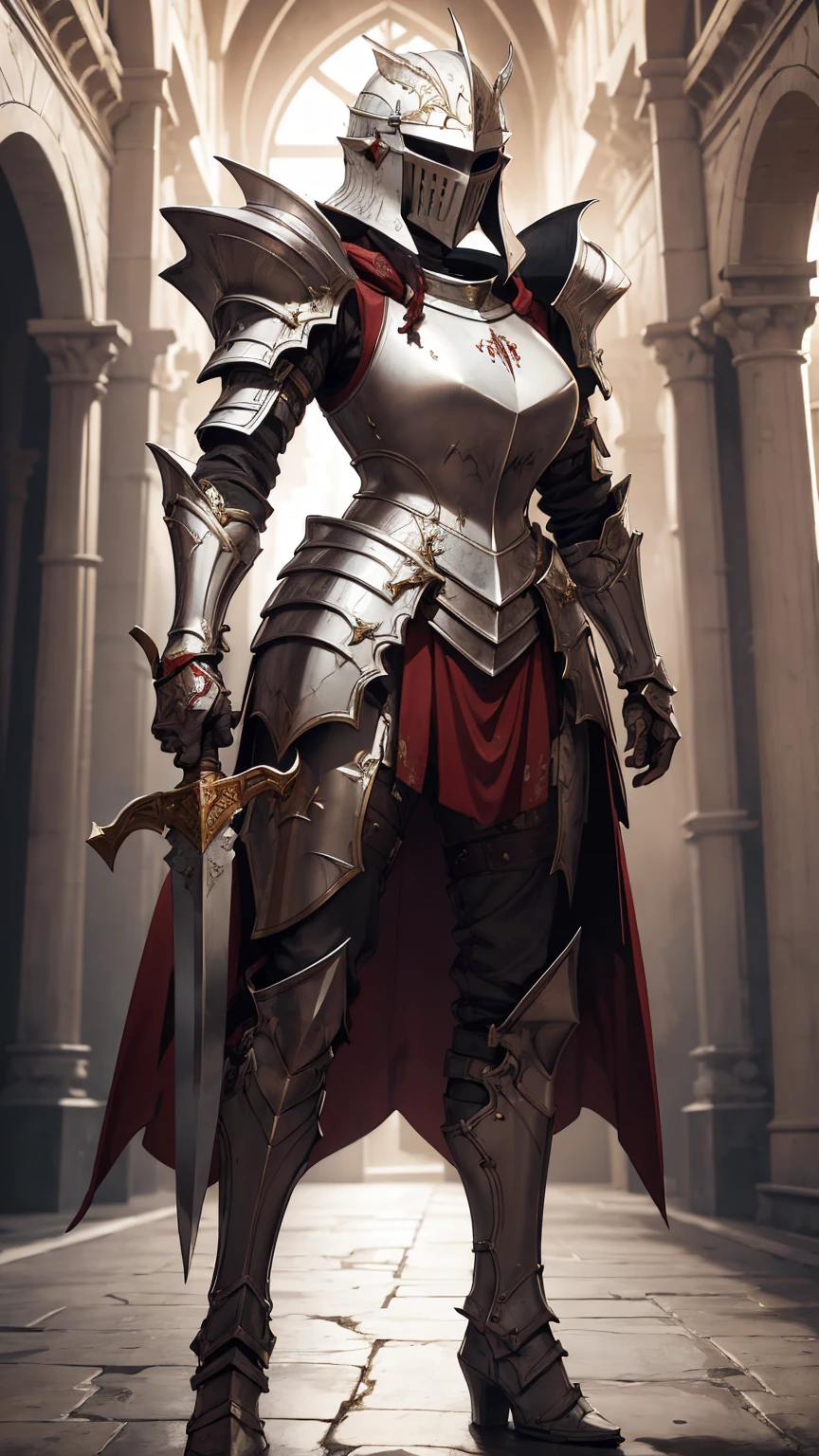 a knight woman, white and red armor, holding a sword, epic, masterpiece, full body shot, high resolution, high details 