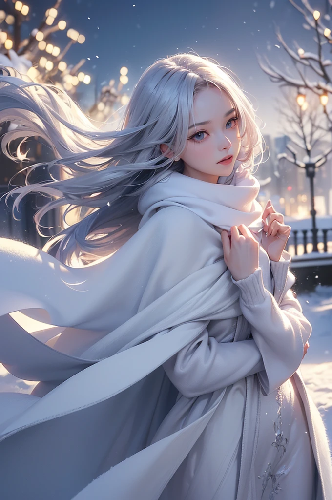 ((masterpiece:1.5、8k、Portraiture、フォトリアリスティックでVery detailedなCG、Very detailed、Particle Effects、Dynamic Effects、Shallow depth of field、Cinematic Light、Lens flare、Ray Tracing、Tabletop、Realistic:1.4、Ultra-high resolution:1.2、Realistic、Realistic))((alone、,A woman wearing a cashmere coat over an off-the-shoulder dress:1.4、wear a long scarf、Elegant woman posing、Detailed face、bright表情、young, bright, Whiter skin、Ample breasts、Best Looks、Ultimate beauty、Shiny silver hair with highlights、bright and shiny hair,、Super long, Silky straight hair、Hair dancing in the wind))(morning、The setting is outdoors in the snow、Surrounded by illuminations)