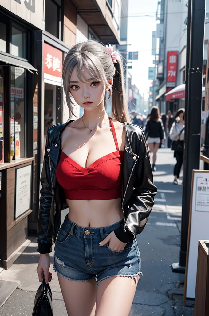 A stunningly realistic 3D illustration of a Fashionable and sexy Japanese cartoons woman with spunky personality. She was wearing a designer tube top, leather jacket, and shorts. 一条带有十字架吊坠的颈链和一条Fashion的手镯凸显了她丰满而苗条的身材. Her long silver hair was tied into two ponytails., Accessorize with cute hair accessories, Outline her beautiful face. She stands confidently inside a Energetic candy store, amidst a blend of modern architecture and classic design. The overall ambiance is an exciting mix of Fashion and fantasy, capturing the essence of urban life and Japanese cartoons aesthetics., Fashion, Japanese cartoons, Energetic, architecture, illustration, 3D Rendering