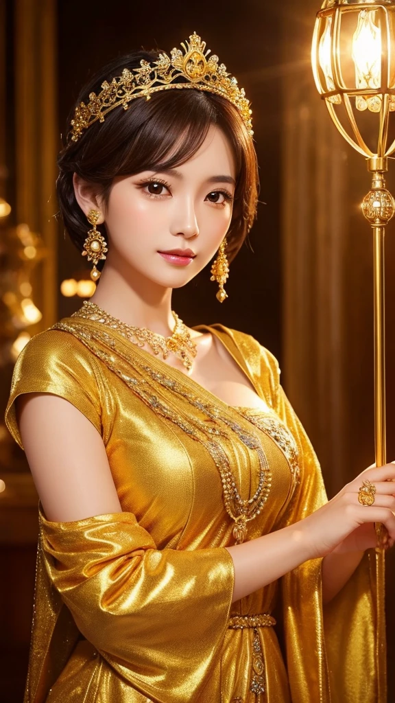 gorgeous、goddess、accessories、Golden Clothes、Light、short hair、crown、Asian Woman、Beauty、Sparkling