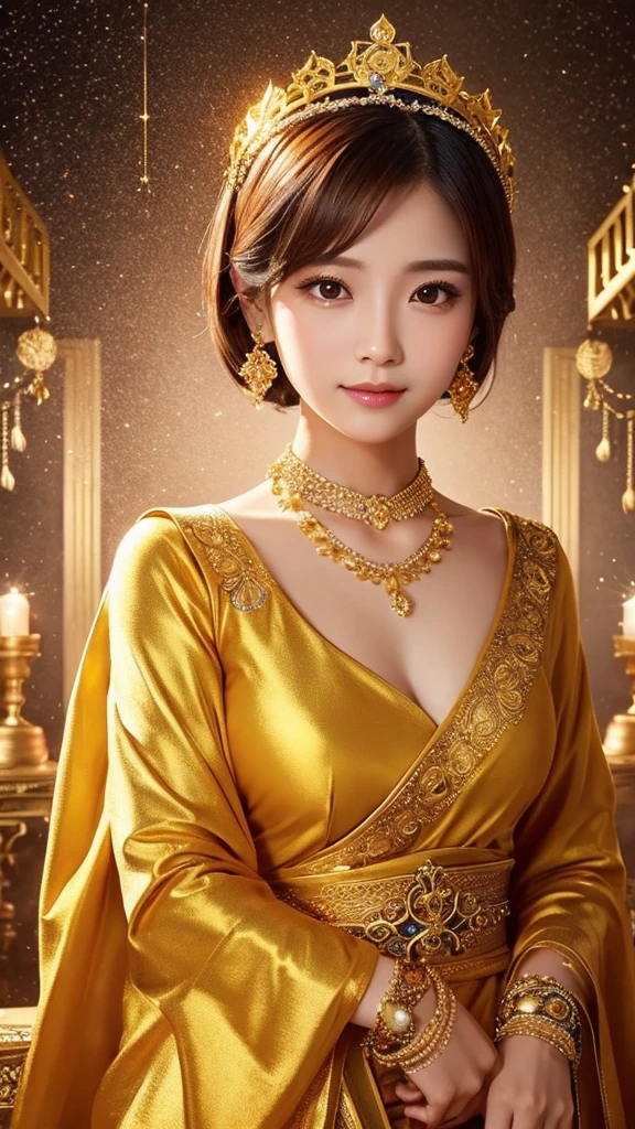 gorgeous、goddess、accessories、Golden Clothes、Light、short hair、crown、Asian Woman、Beauty、Sparkling