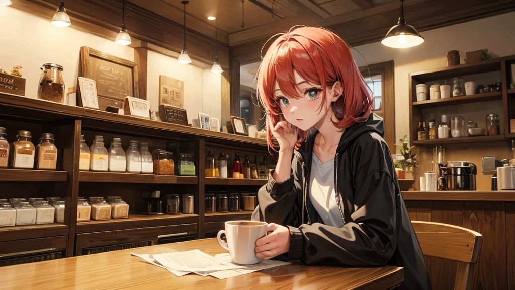 Girl listens to making coffee in a coffee shop,2D anime style, The morning air was clear. ,Warm atmosphere,