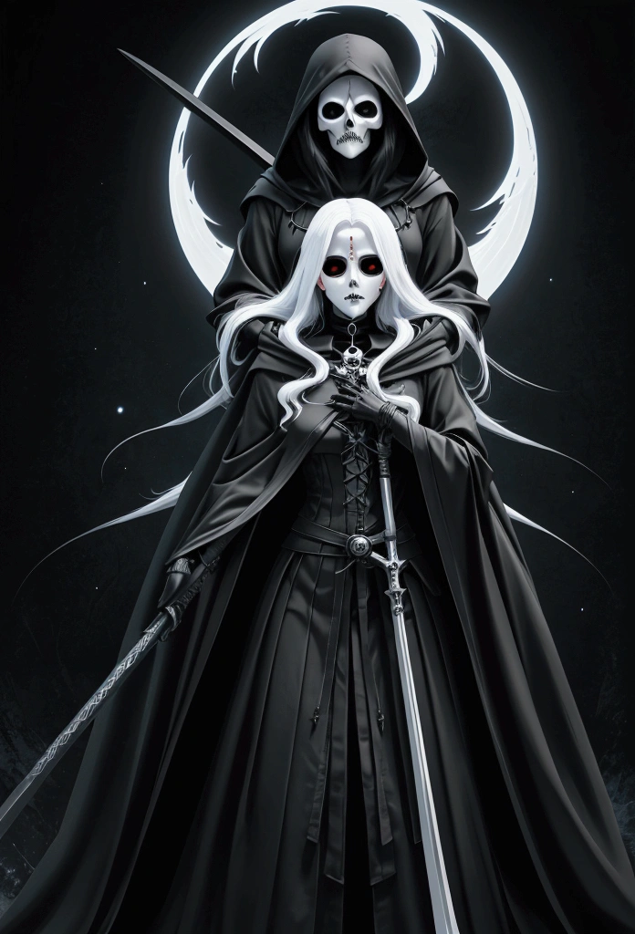 digital art, anime of beautiful girl as The Death, The death in black hoodie cloack, long robe, iconic stance, skull face, long white hair, holding scythe in hand, best quality, a gradient movement of transition color background, dark moon background