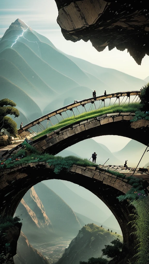 (วอลล์เปเปอร์หน่วย 8k CG มีรายVery detailed, Masterpiece, best quality, Very detailed), (((alone)))), ((Can shoot very wide:1.15)), A man on a bridge looks at the sci-fi city behind him., ((back view)), ((full body)), (Highly detailed), (complicated details), complicated, ฉากอันbeautiful, Detailed Environment, highly Detailed Environment, illustrator, (Masterpiece). 
Mountains that reach high in the sky , Lightning strikes all the time , beautiful , Good view , There is a sect located on the highest point of the mountain range. 
