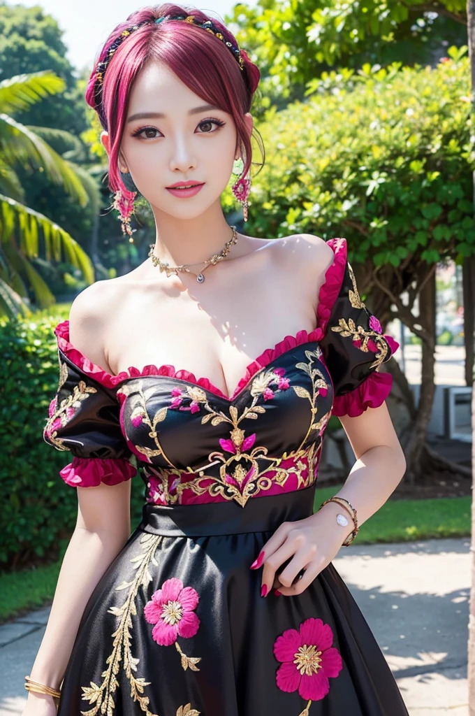 (masterpiece:1.4), (best quality:1.4), ultra high res, ultra high resolution, ((detailed facial features)), HDR, (realistic, photorealistic, photo-realistic:1.37), full body Esbian, sexy Vietnamese model, (-anime), vivid colors, ((vivid colors multicolor (red, fuchsia) very short hair)), (happy smile), lip-gloss, long lashes, ultra detailed metallic makeup, defined eyebrows, wearing large sparkling colorful jewelery, wearing a red silk Paradise Kiss cosplay dress with black floral embroidery, ((vivid colors outfit)), vivid colors, look at the camera, cinematic light, large park background with trees, sweet and sexy pose